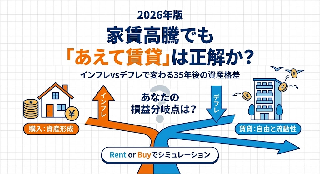 家賃高騰でもあえて賃貸は正解か。購入と賃貸、インフレとデフレで変わる35年後の資産格差を図解したアイキャッチ。